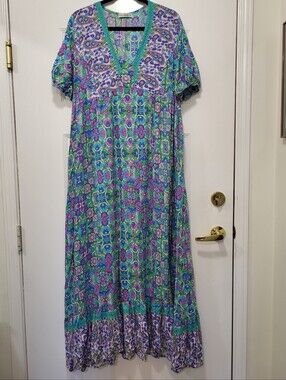 Bright Floral Paisley Maxi Dress in Green and Purple